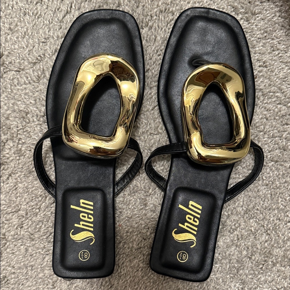 SHEIN Elegant Black Sandals with Gold Accents